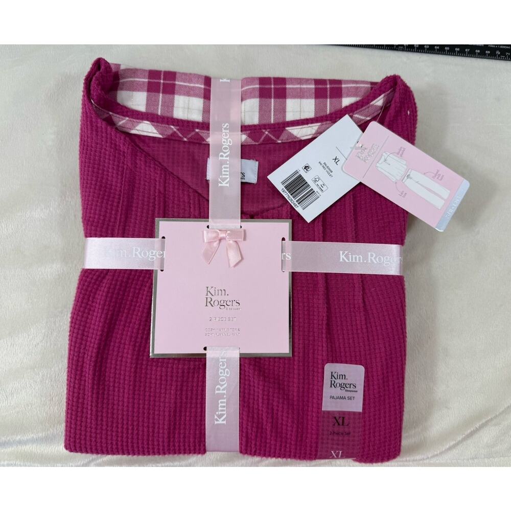 NWT Kim Rogers Pajama Set Womens XL Pink Waffle Knit Plaid 2 Piece Sleepwear